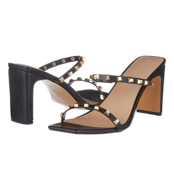 The Drop Women's Avery Black Studded Square Toe Two Strap High Heels - Picture 1 of 4